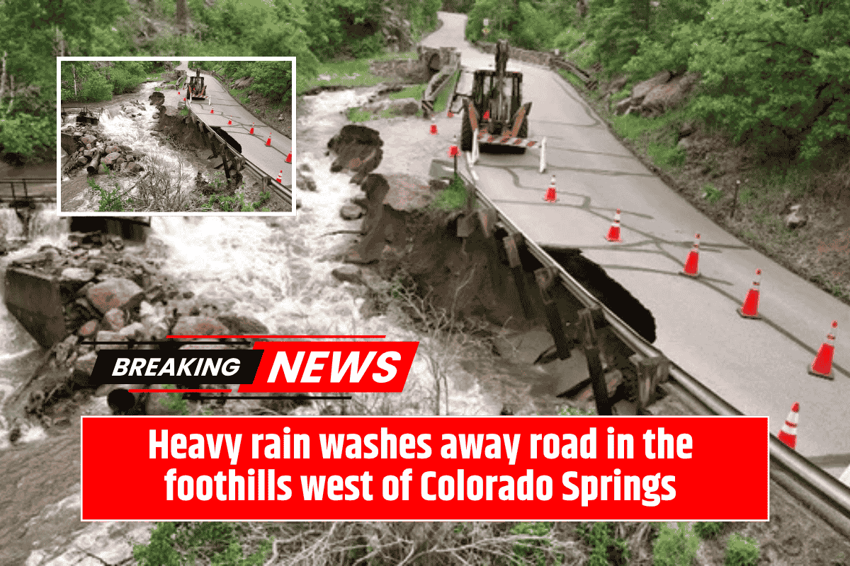 Heavy rain washes away road in the foothills west of Colorado Springs
